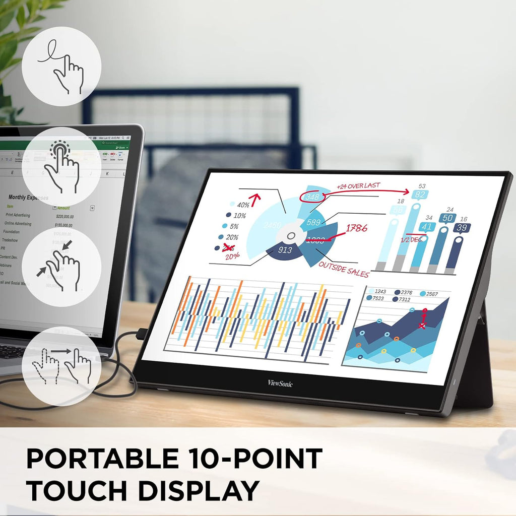 VIEWSONIC PORTABLE TOUCH MONITOR TD1655, 15.6 INCH(39.624 CM) 1920 X 1080 PIXELS LED WITH IPS PANEL, 10 POINT CAPACITIVE TOUCH SCREEN, FRAMELESS, 2 WAY POWERED 60W USB C, DUAL SPEAKERS(METALIC SILVER) – TechCure India