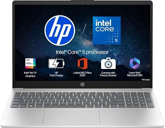 HP 15-fd0665TU Laptop, Intel Core 5 120U, 16GB RAM, 512GB SSD, 15.6 Inch FHD Display, Windows 11 Home, Microsoft Office, Natural Silver – TechCure India