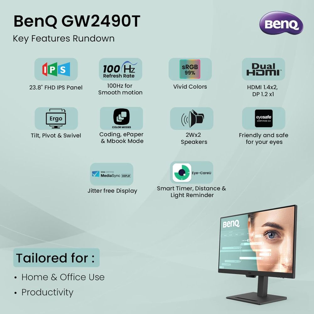 BenQ GW2490T 24 Inch FHD 100Hz IPS Panel 99% SRGB 5MS IPS AMD Freesync Office Monitor - 2