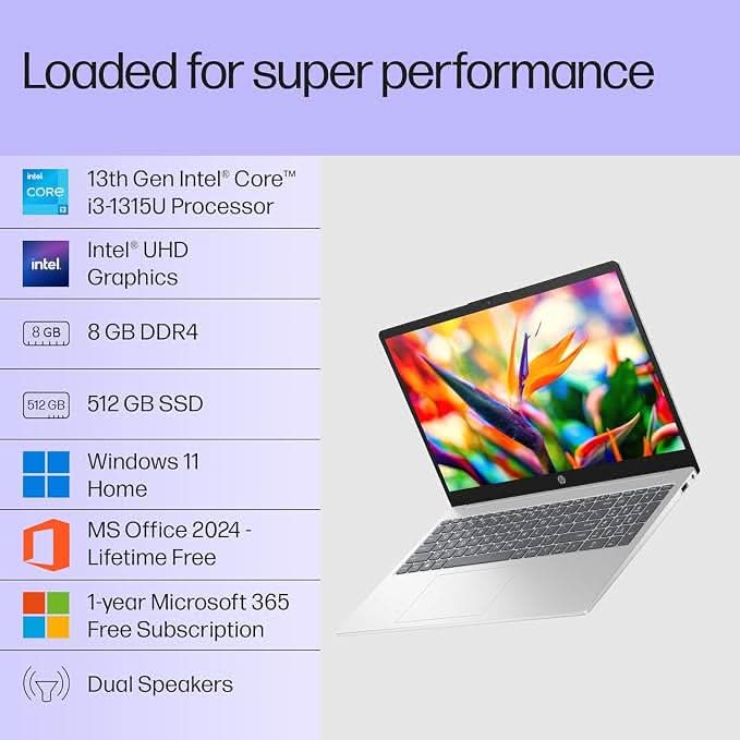 HP 15 Smartchoice, FD0572TU, 13th Gen Intel Core i3-1315U(8GB DDR4,512GB SSD) FHD, Anti-Glare, 15.6 inch, Win11, M365(1yr) x MS Office, 1.59kg, FHD Camera w/Shutter, Backlit Laptop, Silver – TechCure India
