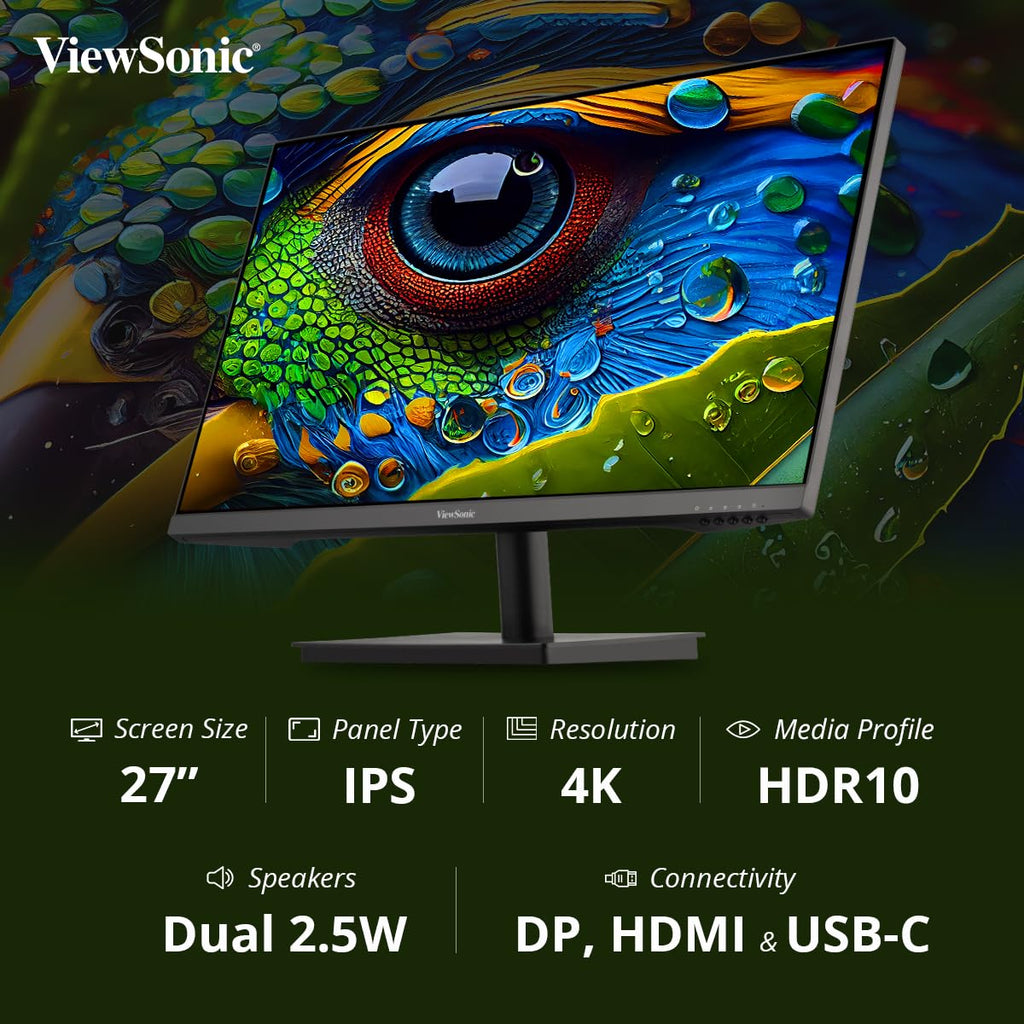 VIEWSONIC VA2709U-4K 68.58 CM (27") SUPERCLEAR IPS 4K UHD MONITOR | SINGLE CABLE SOLUTION | 65W LAPTOP CHARGE BACK | HDR10 | EYE PROTECH | DUAL SPEAKER HDMI | DP | USB-C – TechCure India