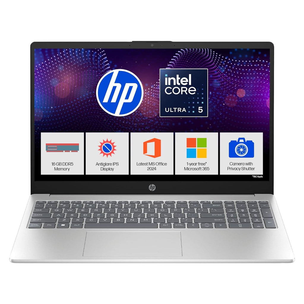 HP 15, INTEL CORE ULTRA 5 125H LAPTOP (16GB DDR5,512GB SSD) IPS, ANTI-GLARE, MICRO-EDGE, 15.6''/39.6CM, FHD, WIN11,M365 BASIC(1YR),OFFICE HOME24, SILVER,1.65KG, FHD CAMERA W/SHUTTER,BACKLIT, FD1254TU – TechCure India