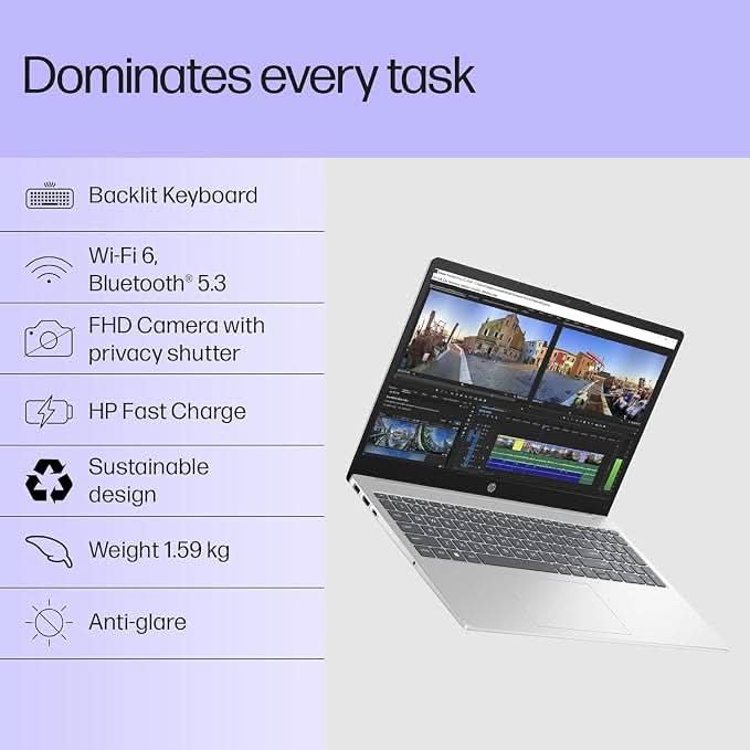HP 15 Smartchoice, FD0572TU, 13th Gen Intel Core i3-1315U(8GB DDR4,512GB SSD) FHD, Anti-Glare, 15.6 inch, Win11, M365(1yr) x MS Office, 1.59kg, FHD Camera w/Shutter, Backlit Laptop, Silver – TechCure India