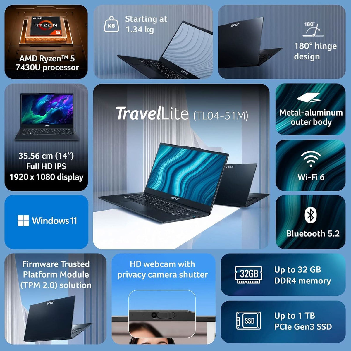Acer TravelLite Thin Laptop AMD Ryzen 5 7430U (6-Core), 8GB RAM, 512GB SSD, 14 Inch Full HD Anti-Glare Display, Privacy Shutter, Windows 11, Metal Body, 1.34Kg, Black, 1 Year Warranty – TechCure India