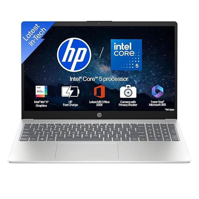HP 15, Intel Core 5-120U(16GB DDR4, 512GB SSD) FHD, Anti-Glare, Micro-Edge, 15.6/39.6cm, Win11, M365 Basic(1yr), Office Home24, Silver,1.59kg, FD0682TU, FHD Camera w/Privacy Shutter, Backlit Laptop – TechCure India