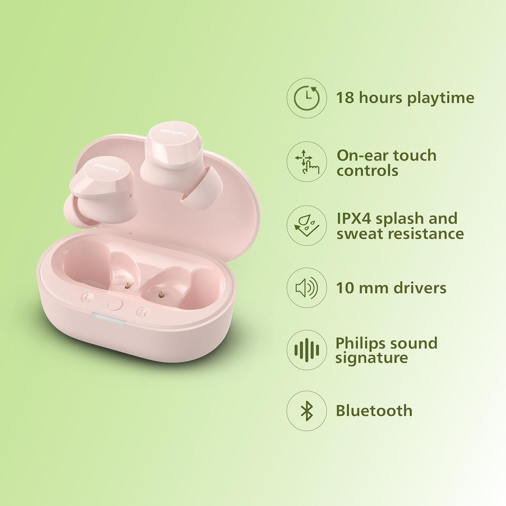PHILIPS TAT1209PK/00 TRUE WIRELESS EARBUDS, IN-EAR ACTIVE NOISE CANCELLING BLUETOOTH V5.3 EARPHONES WITH MIC, 18H PLAY TIME, SHANK SHAPE, IPX4 – TechCure India