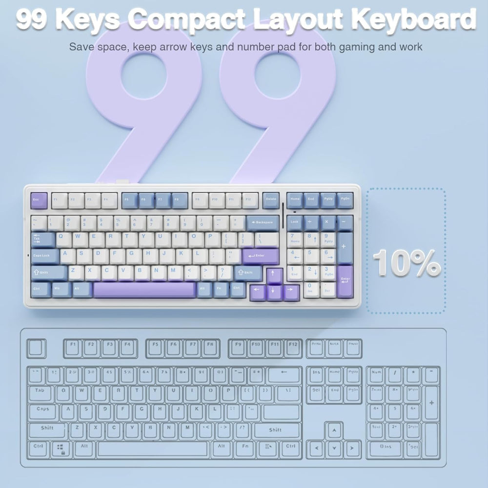 AULA F99 96% Wireless Mechanical Gaming Keyboard ( Graywood Switch ) ( White / Blue ) ( F99UWW ) - 2
