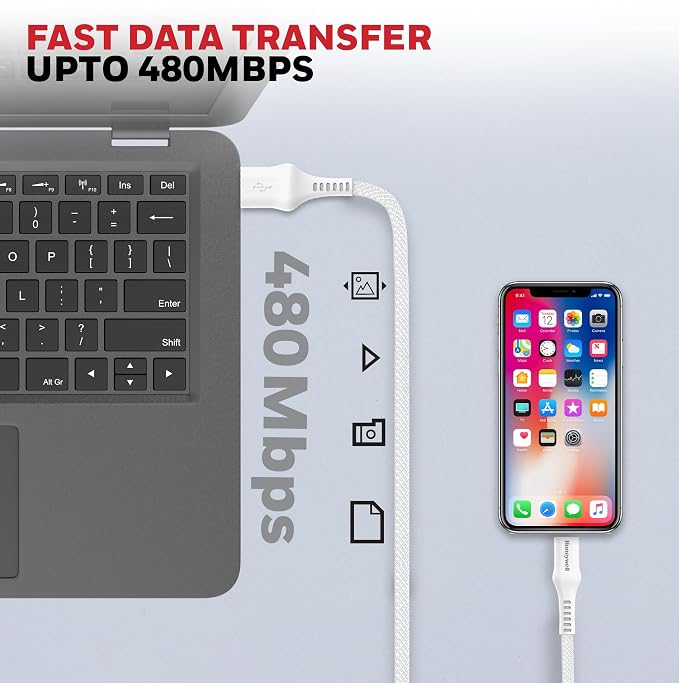 Honeywell USB A to Lightning, 4 Feet (1.2M), Nylon Braided Cable, MFI-certified, QC3.0, 2.4 A Max Output, Fast Charge & Sync Cable for iPhone, iPad, AirPods White – TechCure India