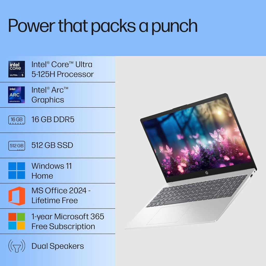 HP 15, INTEL CORE ULTRA 5 125H LAPTOP (16GB DDR5,512GB SSD) IPS, ANTI-GLARE, MICRO-EDGE, 15.6''/39.6CM, FHD, WIN11,M365 BASIC(1YR),OFFICE HOME24, SILVER,1.65KG, FHD CAMERA W/SHUTTER,BACKLIT, FD1254TU – TechCure India