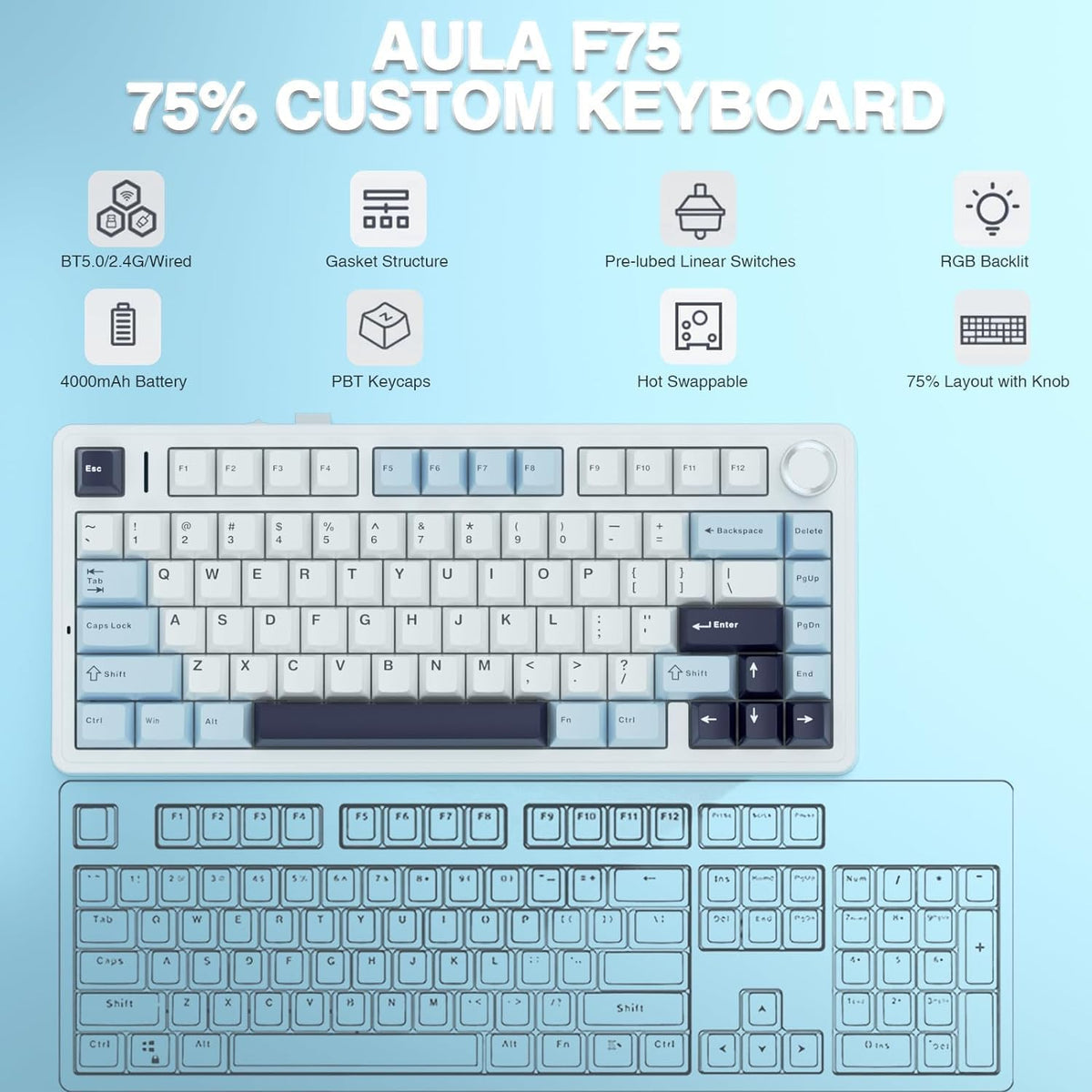 AULA F75 ICE BLUE PLUS ICE VEIN SWITCH MECHANICAL GAMING KEYBOARD – TechCure India