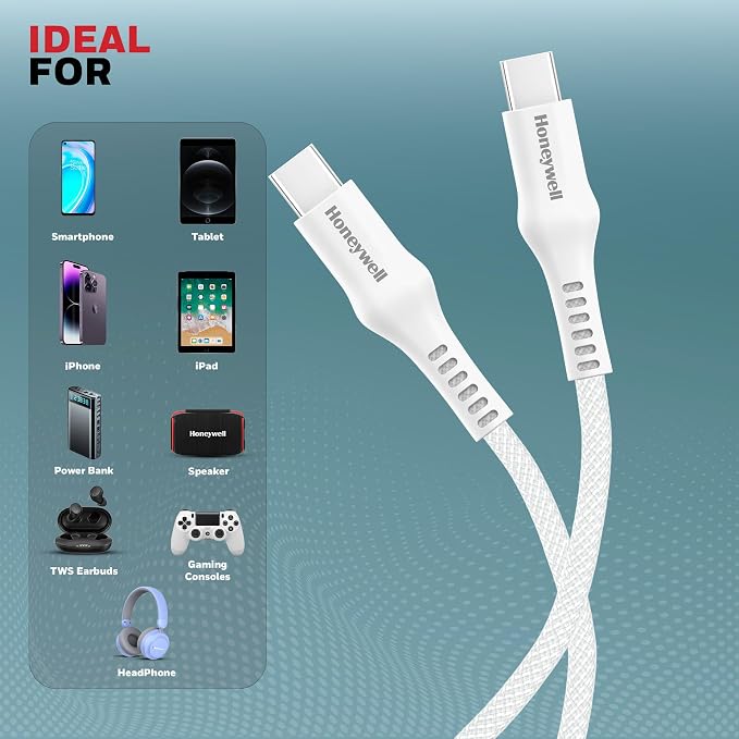 Honeywell USB Type C to Type C Cable, 4 Feet (1.2M), PD 60W, QC 3.0, Fast Charging, Nylon Braided Cable for Apple Devices, Smartphones, Laptops, Power Banks, Tablets, Headphones, Speakers White – TechCure India