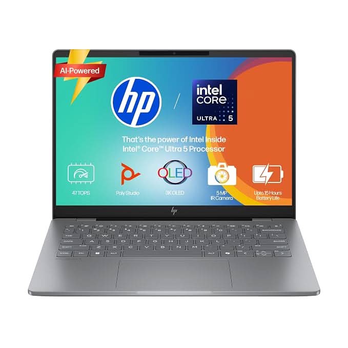 HP OmniBook 7 OLED (Previously Pavilion Plus) Intel Core Ultra 5 255H (16GB LPDDR5,1TB SSD) 3K, 0.2 ms, 14 Inch/35.6cm, Win11, M365, Office24, Meteor Silver,1.5kg, fr0789TU, 5MP Camera, Backlit AI Laptop – TechCure India