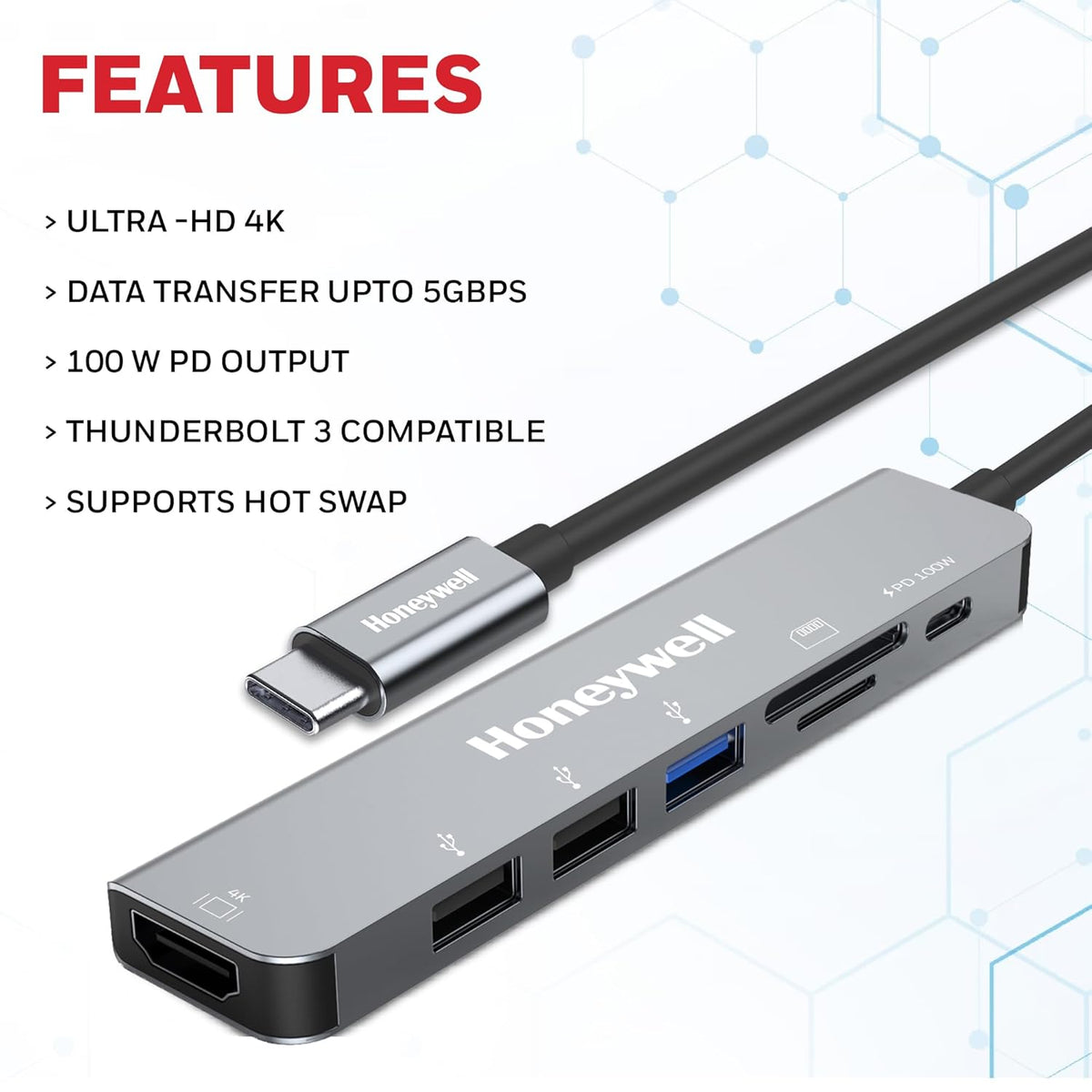 HONEYWELL NEWLY LAUNCHED 7-IN-1 TYPEC DOCKING STATION WITH 4K HDMI,1XUSB 3.0,2XUSB 2.0 & TYPEC 3.0 PD CHARGING 100W PORT, SD & MICRO SD SLOT, FOR ALL TYPE C DEVICES- MACBOOK LAPTOP, PC, THUNDERBOLT 3 – TechCure India
