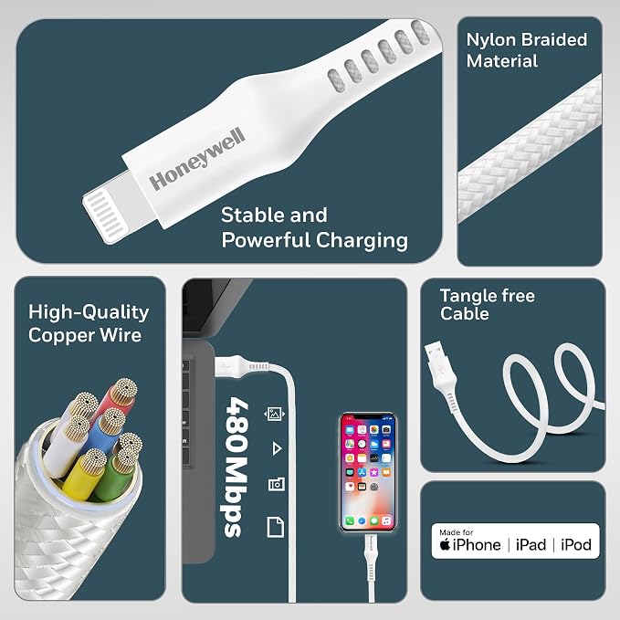 Honeywell USB A to Lightning, 4 Feet (1.2M), Nylon Braided Cable, MFI-certified, QC3.0, 2.4 A Max Output, Fast Charge & Sync Cable for iPhone, iPad, AirPods White – TechCure India