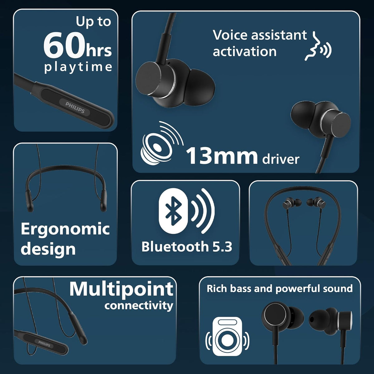 PHILIPS NECKBAND WIRELESS IN EAR-NECKBAND TAN1150BK/94 – TechCure India
