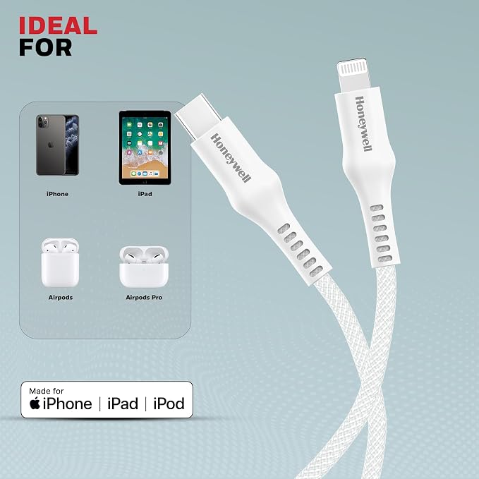 Honeywell Type C to Lightning, 4 Feet (1.2M), Nylon Braided Cable, MFI-certified, QC3.0, PD 87W Support with Max Output 3A, Fast Charge & Sync Cable for iPhone, iPad, AirPods White – TechCure India