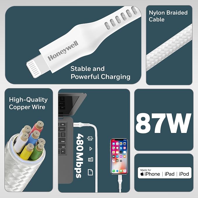 Honeywell Type C to Lightning, 4 Feet (1.2M), Nylon Braided Cable, MFI-certified, QC3.0, PD 87W Support with Max Output 3A, Fast Charge & Sync Cable for iPhone, iPad, AirPods White – TechCure India