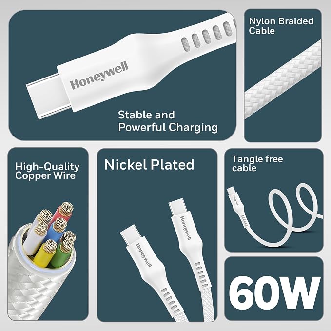 Honeywell USB Type C to Type C Cable, 4 Feet (1.2M), PD 60W, QC 3.0, Fast Charging, Nylon Braided Cable for Apple Devices, Smartphones, Laptops, Power Banks, Tablets, Headphones, Speakers White – TechCure India