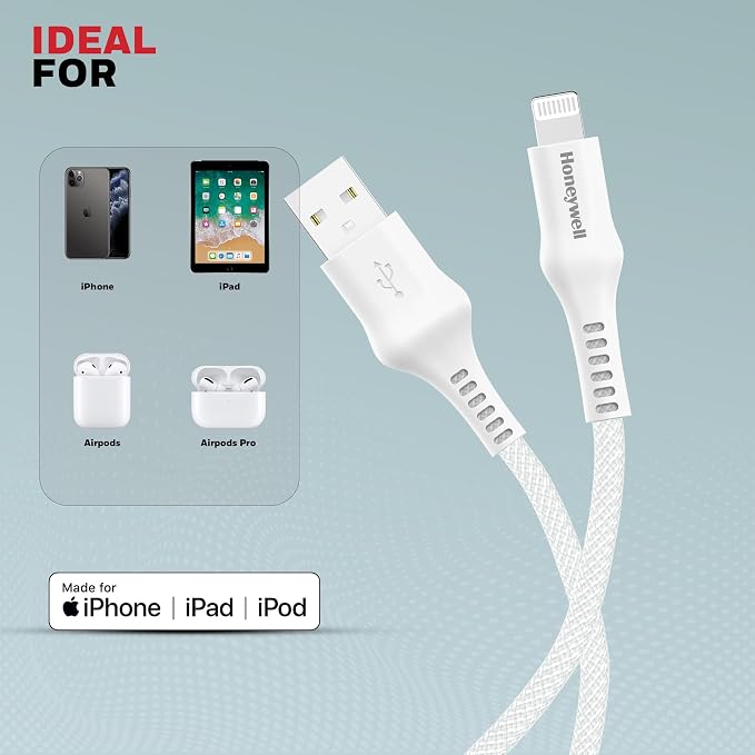 Honeywell USB A to Lightning, 4 Feet (1.2M), Nylon Braided Cable, MFI-certified, QC3.0, 2.4 A Max Output, Fast Charge & Sync Cable for iPhone, iPad, AirPods White – TechCure India