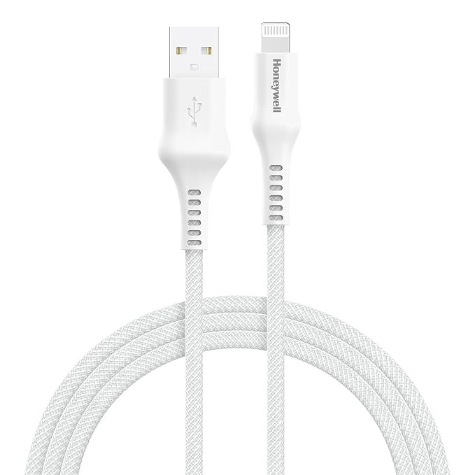 Honeywell USB A to Lightning, 4 Feet (1.2M), Nylon Braided Cable, MFI-certified, QC3.0, 2.4 A Max Output, Fast Charge & Sync Cable for iPhone, iPad, AirPods White – TechCure India