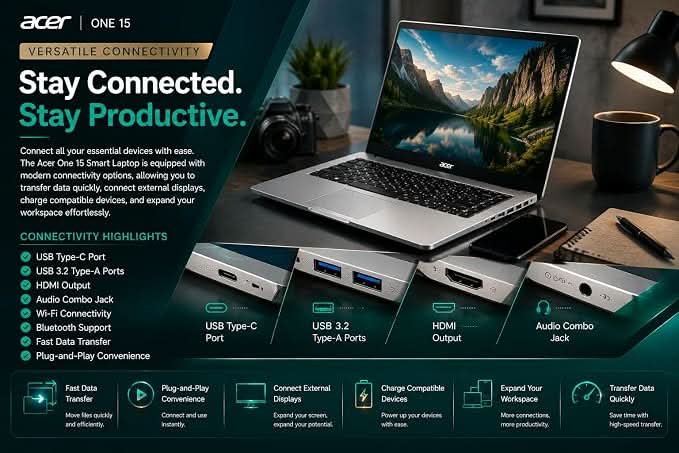 Acer One 15 Smart Laptop AO15-41M-G2, AMD Ryzen 3 7320U, AMD Radeon 610M Graphics, 8GB LPDDR5 RAM, 256GB NVMe SSD, 15.6 inch FHD Display, Windows 11 Home, Silver – TechCure India