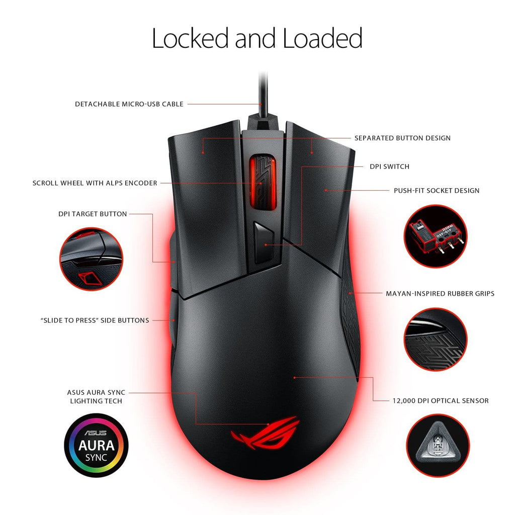 ASUS ROG Gladius 2 Wired Ergonomic RGB Optical Gaming Mouse ( ROG-GLADIUS-II ) ( 12000DPI / 6 Macro Buttons ) ( Black ) - 6