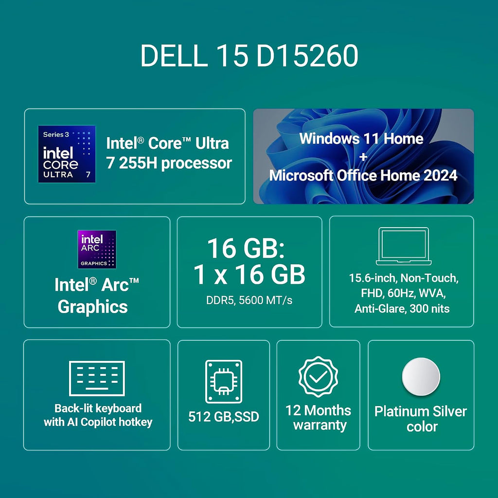 Dell 15 DC15260 15.6 Inch FHD Laptop, Intel Core Ultra 7 255H, 16GB RAM, 512GB SSD, Windows 11 Home, Microsoft Office 2024, Silver – TechCure India