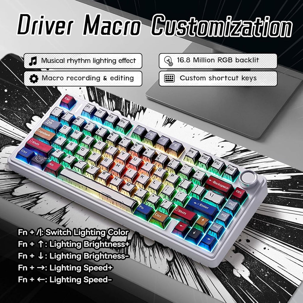AULA F75 75% WIRELESS RGB BACKLIT TRI-MODE GAMING MECHANICAL KEYBOARD WITH KNOB | 80 KEYS COMPACT KEYBOARD, PRE-LUBED GASKET HOT-SWAPPABLE | BLUETOOTH/2.4GHZ/TYPE-C | COMIC KEYCAP - REAPER SWITCHES – TechCure India