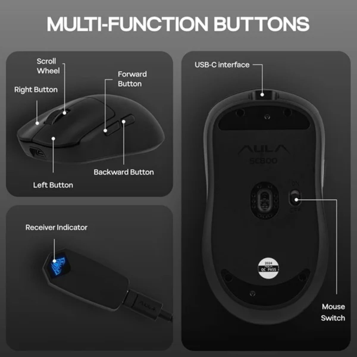 AULA SC800 TRI-MODE WIRELESS 2.4G/WIRED/BLUETOOTH ULTRA-LIGHTWEIGHT GAMING MOUSE | 37GRAMS, ADJUSTABLE 26000 DPI, PAW3395 SENSOR, 8000 POLLING RATE, ULTRA-PRECISE & DURABLE FOR GAMING | BLACK (SC800B) – TechCure India
