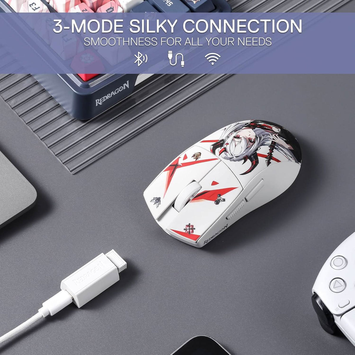 REDRAGON M916 PRO 3-MODE ANIME GAMING MOUSE- WHITE – TechCure India