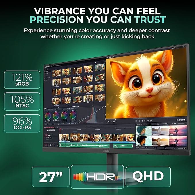 AOC 27 IPS, QHD 2560 x 1440, 100 Hz, 250 cd/m², 4 ms, HDMI 2.0 x 1, DP 1.2 x1, NTSC 99% / sRGB 120% – TechCure India