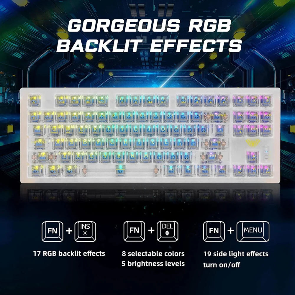 AULA F2183 TKL RGB Wireless Bluetooth Mechanical Gaming Keyboard ( White ) ( Clicky Blue Switch ) (‎F2183) - 2
