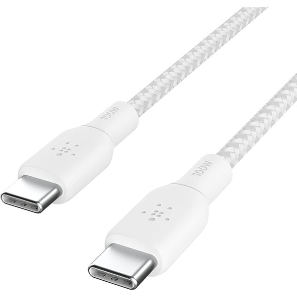 Belkin USB-C to USB-C Braided 6.6 feet (2 meters) 100W PD, Fast Charge and Sync Type C Cable for iPhone 15 Series, Macbook, USB-C Laptops, other USB-C Devices, USB-IF certified – White – TechCure India