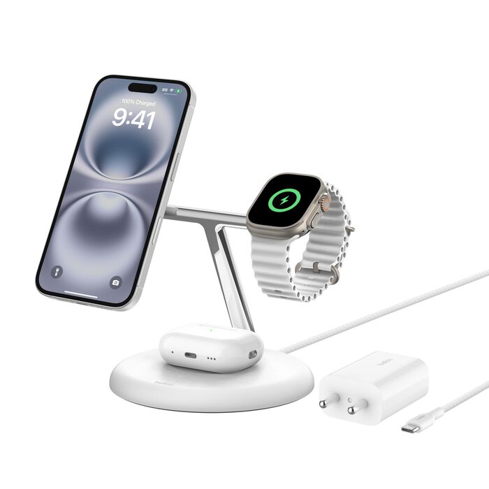 Belkin MagSafe 3-in-1 Qi2 Wireless Charger Stand 15W | Fast Charging iPhone Charger for iPhone 16, 15, 14 & 13 Series, AirPods, & Apple Watch | 36W Charger Included | White – TechCure India