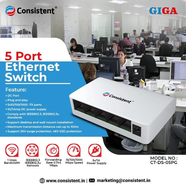 Consistent Desktop 5 Port Ethernet GIGASwitch (CT-DS-05PG) 5V/1A Power Suppy, 10/100/1000Mbps Speed, Forwarding Rate 0.744Mbps, 10 Gbps Bandwidth, IEEE802.3,IEEE802.3u Network – TechCure India
