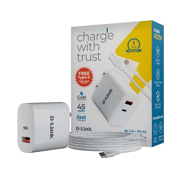 D-Link DPA-F4511 45W GaN Fast Charger with PD 3.0 & QC 4+, Dual Port USB-C & USB-A Adapter – TechCure India