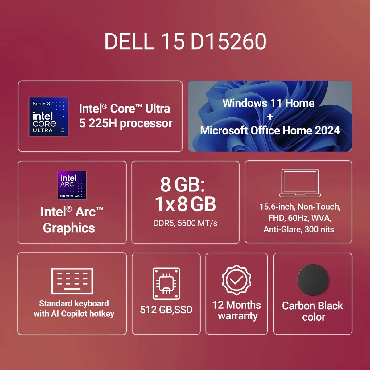 DELL 15 (Previously Inspiron) AI Powered Intel Core Ultra 5 225H - (8 GB/512 GB SSD/Windows 11 Home) 3530 / 15 DC 15260 Thin and Light Laptop Black – TechCure India