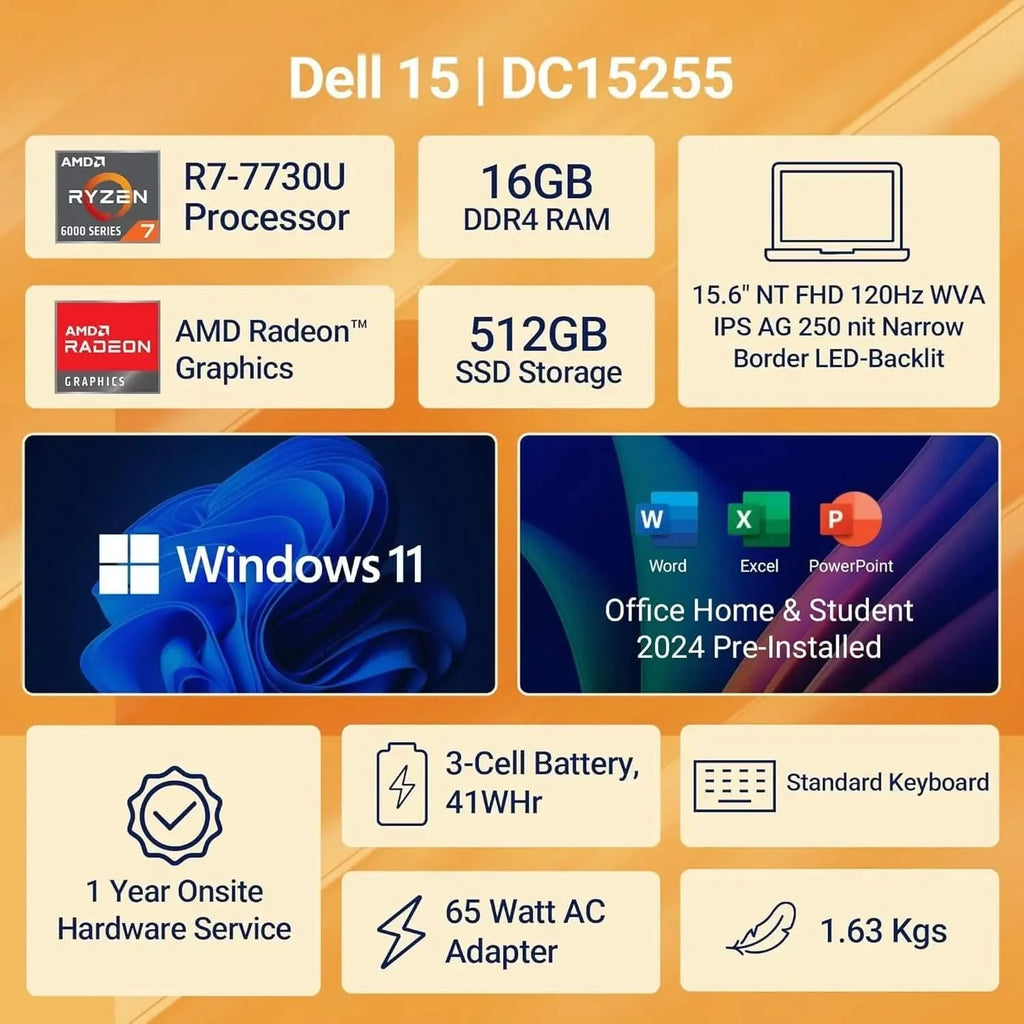 Dell 15, AMD Ryzen 7-7730U, 16GB DDR4, 512GB SSD, FHD, 15.6"/39.6cm, Windows 11, Microsoft Office Home 2024, Platinum Silver Laptop – TechCure India