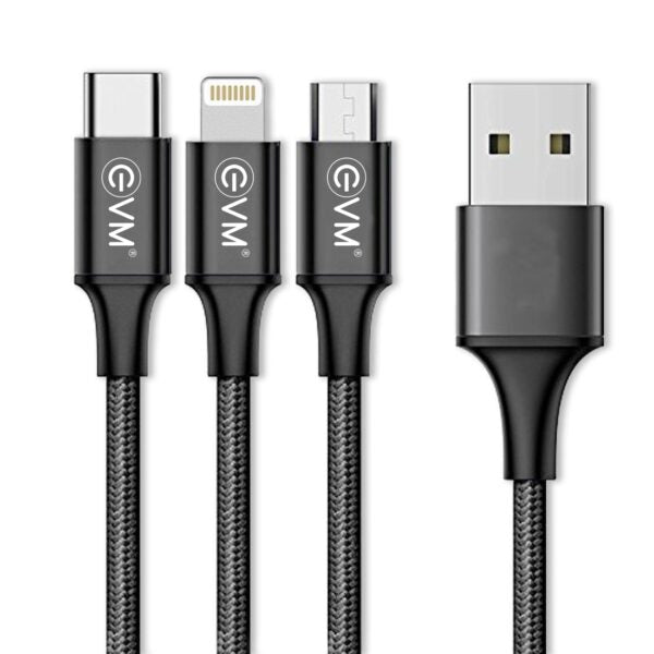 Evm 3 In 1 Charging Cable (Metal Head Nylon Braided Cable), Black – TechCure India