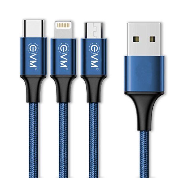 Evm 3 In 1 Charging Cable (Metal Head Nylon Braided Cable), Black – TechCure India