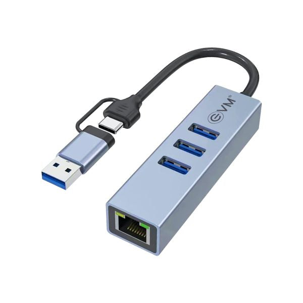 EVM 4in-1 HUB Dual Input Type-C + USB - 3xUSB 3.0 with RJ45 Ethernet Port – TechCure India