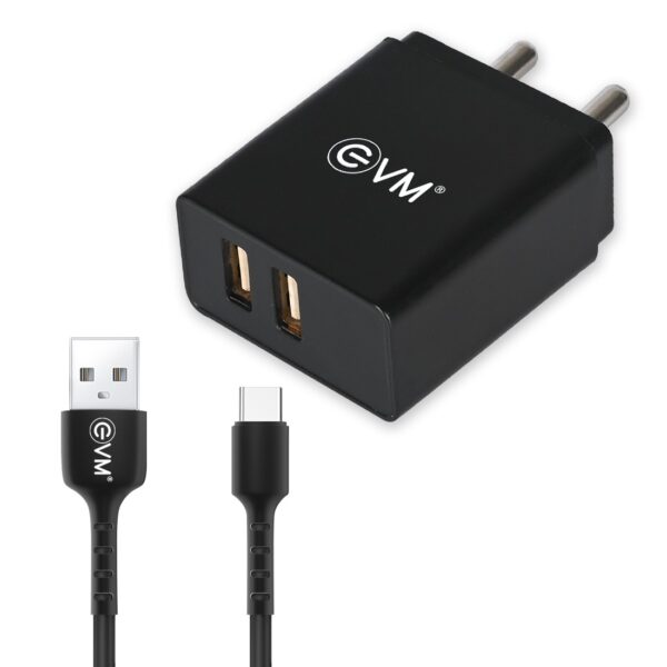 Evm Dual Usb Charger With Type-c Cable Black – TechCure India