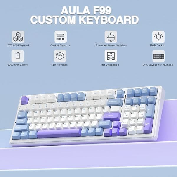 AULA F99 Tri-Mode 2.4G Wired BT Hot Swappable RGB Wireless Full Size Mechanical Blue White, Crescent Switch Gaming Keyboard – TechCure India