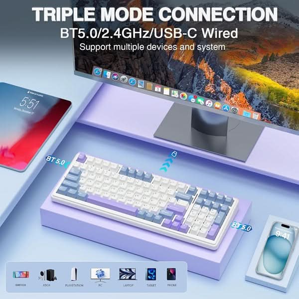 AULA F99 Tri-Mode 2.4G Wired BT Hot Swappable RGB Wireless Full Size Mechanical Blue White, Crescent Switch Gaming Keyboard – TechCure India