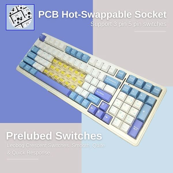 AULA F99 Tri-Mode 2.4G Wired BT Hot Swappable RGB Wireless Full Size Mechanical Blue White, Crescent Switch Gaming Keyboard – TechCure India