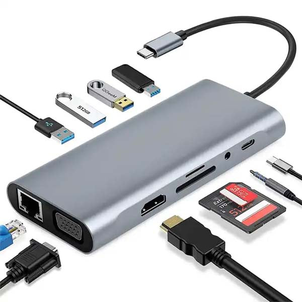HAMMOK Magic 11 in 1 USB C HUB, USB C Adapter 11 in 1 Dongle with 4K HDMI, VGA, Type C PD, USB3.0/2.0, RJ45 Ethernet, SD/TF Card Reader, 3.5mm AUX, Docking Station Compatible for Type C Laptop Device – TechCure India