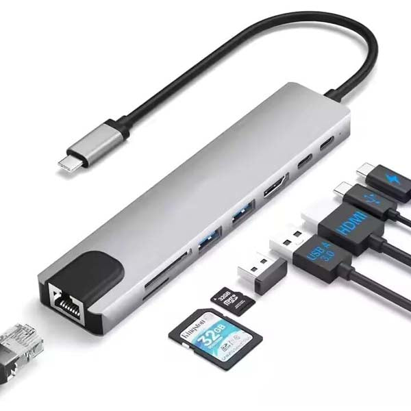 HAMMOK Smash Type C to 8 in 1 USB Hub with 4K 30HZ / HDTV HDMI/USB 3.0/2.0/ PD 100W Charging/Data Transfer/SD/TF / RJ45 Converter Hub for MacBook Laptop Computer Support M1 – TechCure India
