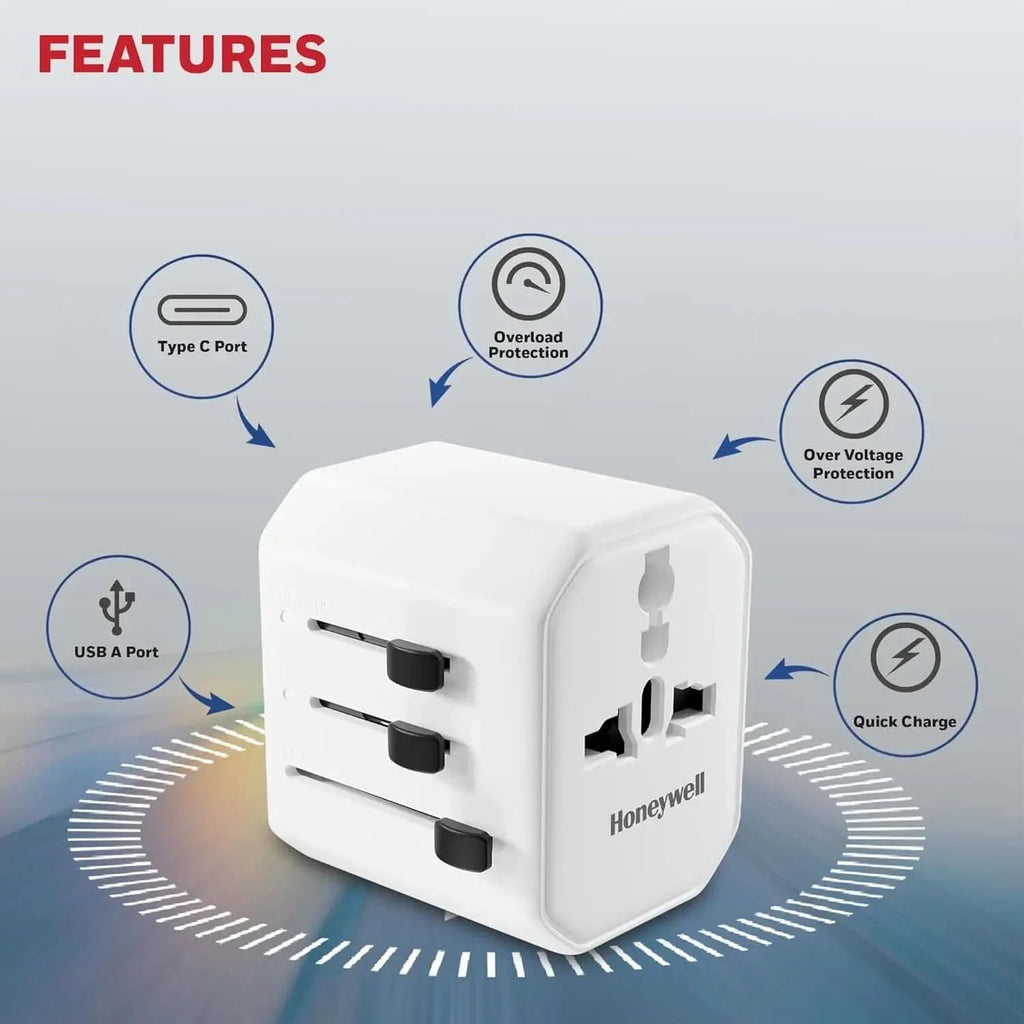 Honeywell New Launch Universal Travel Adapter 12W, 3-in-1 Fast Charging, Universal Socket, TypeC, USBA, Worldwide Wall Charger for EU,US,UK & CN/AUS White – TechCure India