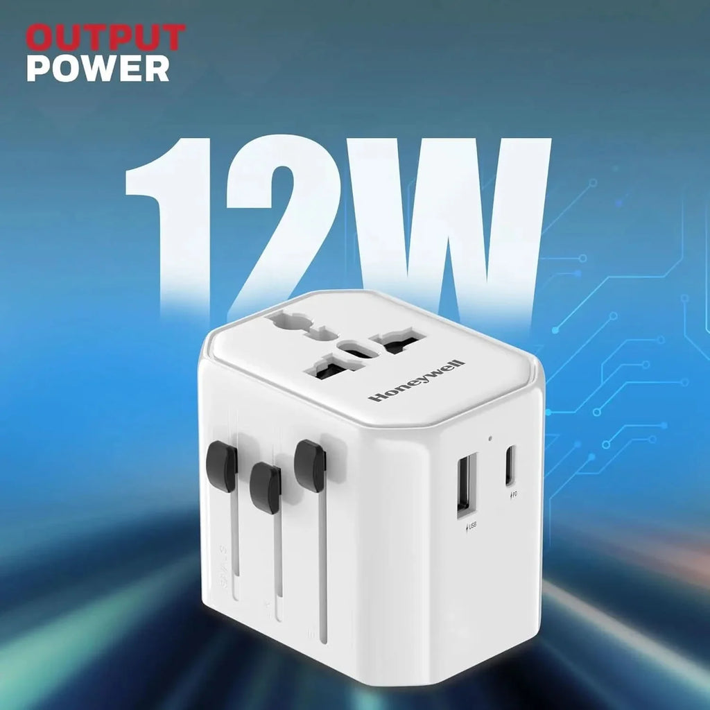 Honeywell New Launch Universal Travel Adapter 12W, 3-in-1 Fast Charging, Universal Socket, TypeC, USBA, Worldwide Wall Charger for EU,US,UK & CN/AUS White – TechCure India