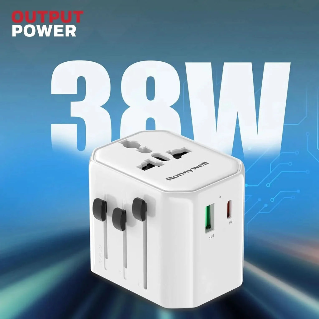 Honeywell New Launch Universal Travel Adapter 38W, 3-in-1 Fast Charging, Universal Socket, TypeC, USBA, Worldwide Wall Charger for EU,US,UK & CN/AUS White – TechCure India